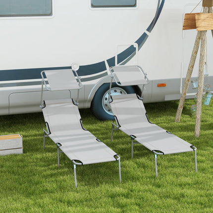 Outdoor Foldable Sun Lounger Set of 2 with 4-Level Adjustable Backrest & Sun Shade Awning - Light Grey