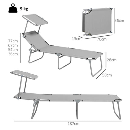 Outdoor Foldable Sun Lounger Set of 2 with 4-Level Adjustable Backrest & Sun Shade Awning - Light Grey