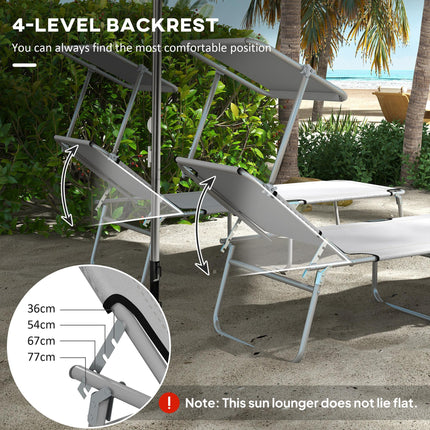 Outdoor Foldable Sun Lounger Set of 2 with 4-Level Adjustable Backrest & Sun Shade Awning - Light Grey