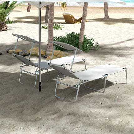 Outdoor Foldable Sun Lounger Set of 2 with 4-Level Adjustable Backrest & Sun Shade Awning - Light Grey