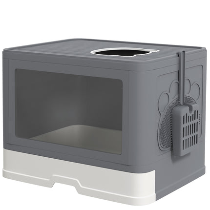 Enclosed Cat Litter Box with Front Entry, Top Exit, Drawer Tray, Scoop & Brush 48.5x38x36.5cm - Grey