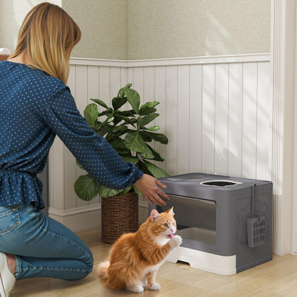 Enclosed Cat Litter Box with Front Entry, Top Exit, Drawer Tray, Scoop & Brush 48.5x38x36.5cm - Grey
