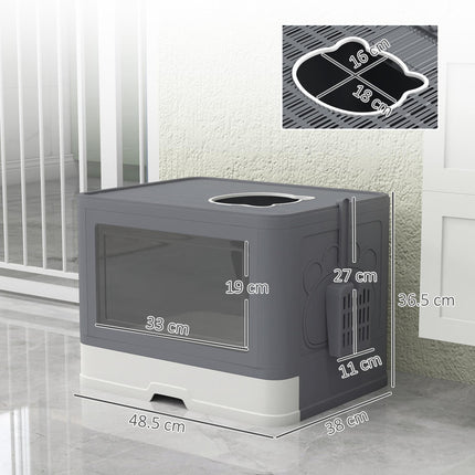 Enclosed Cat Litter Box with Front Entry, Top Exit, Drawer Tray, Scoop & Brush 48.5x38x36.5cm - Grey
