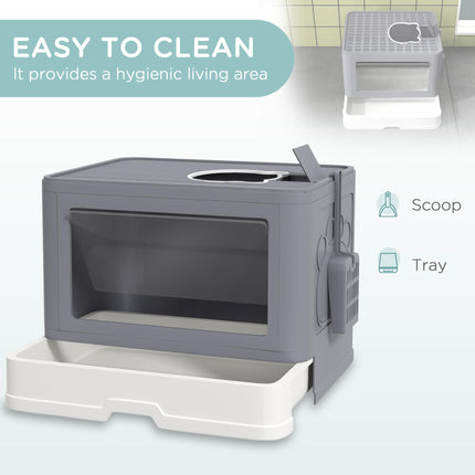 Enclosed Cat Litter Box with Front Entry, Top Exit, Drawer Tray, Scoop & Brush 48.5x38x36.5cm - Grey