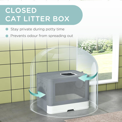 Enclosed Cat Litter Box with Front Entry, Top Exit, Drawer Tray, Scoop & Brush 48.5x38x36.5cm - Grey