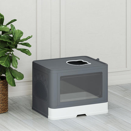Enclosed Cat Litter Box with Front Entry, Top Exit, Drawer Tray, Scoop & Brush 48.5x38x36.5cm - Grey