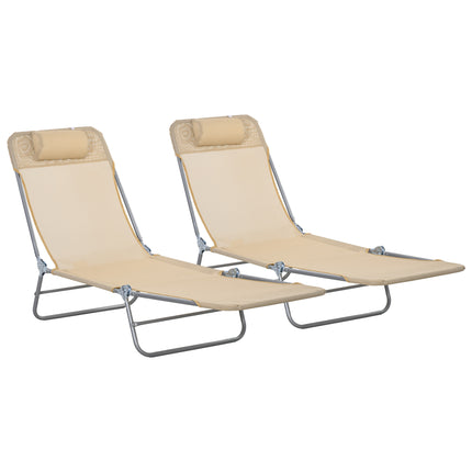 Set of 2 Steel Frame Reclining Sun Loungers with Pillows - Brown