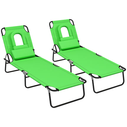 Outdoor Foldable Sun Lounger Set of 2 with 4-Level Adjustable Backrest, Pillow & Reading Hole - Green