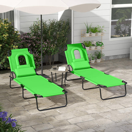 Outdoor Foldable Sun Lounger Set of 2 with 4-Level Adjustable Backrest, Pillow & Reading Hole - Green
