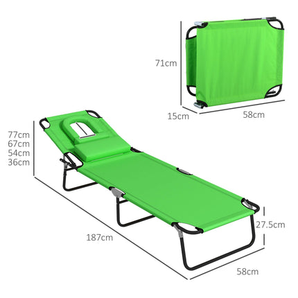 Outdoor Foldable Sun Lounger Set of 2 with 4-Level Adjustable Backrest, Pillow & Reading Hole - Green