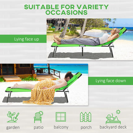 Outdoor Foldable Sun Lounger Set of 2 with 4-Level Adjustable Backrest, Pillow & Reading Hole - Green