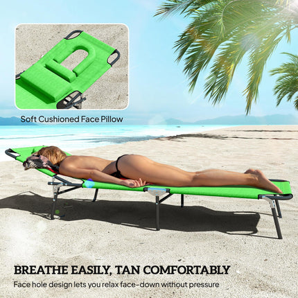 Outdoor Foldable Sun Lounger Set of 2 with 4-Level Adjustable Backrest, Pillow & Reading Hole - Green