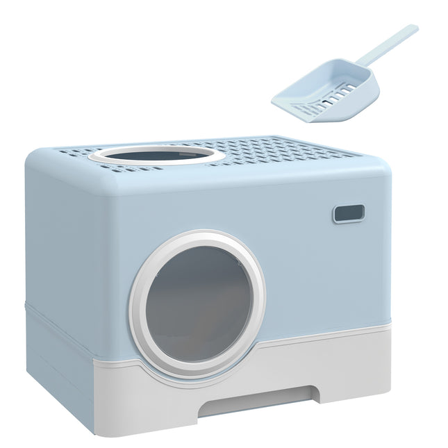 Enclosed Cat Litter Box with Front Entry, Top Exit, Drawer Tray & Scoop 52x41x38.5cm - Blue