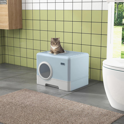 Enclosed Cat Litter Box with Front Entry, Top Exit, Drawer Tray & Scoop 52x41x38.5cm - Blue