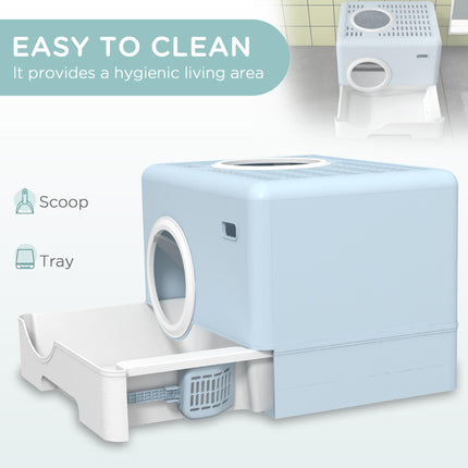 Enclosed Cat Litter Box with Front Entry, Top Exit, Drawer Tray & Scoop 52x41x38.5cm - Blue