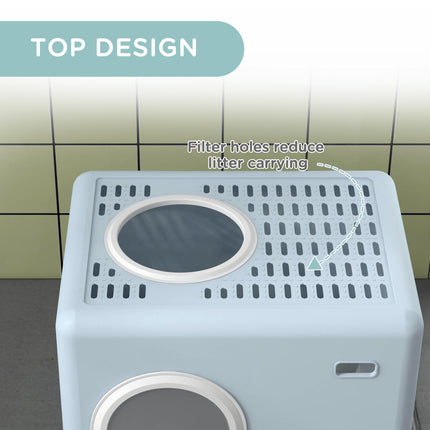 Enclosed Cat Litter Box with Front Entry, Top Exit, Drawer Tray & Scoop 52x41x38.5cm - Blue