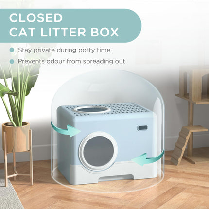 Enclosed Cat Litter Box with Front Entry, Top Exit, Drawer Tray & Scoop 52x41x38.5cm - Blue