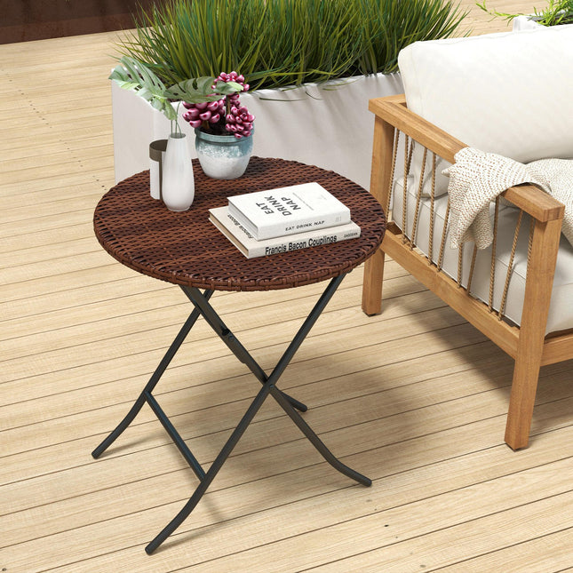 Foldable Outdoor Coffee Table with PE Rattan Top - Mixed Brown