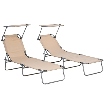 Outdoor Foldable Sun Lounger Set of 2 with 4-Level Adjustable Backrest and Sun Shade Awning - Sand