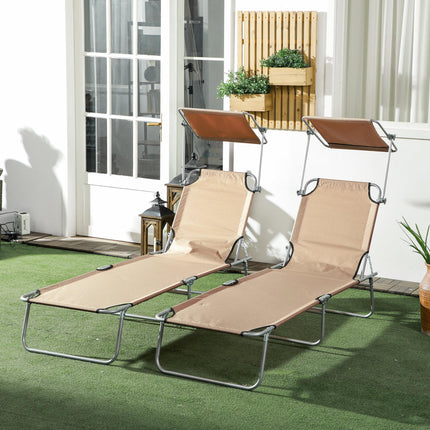 Outdoor Foldable Sun Lounger Set of 2 with 4-Level Adjustable Backrest and Sun Shade Awning - Sand