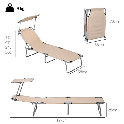 Outdoor Foldable Sun Lounger Set of 2 with 4-Level Adjustable Backrest and Sun Shade Awning - Sand