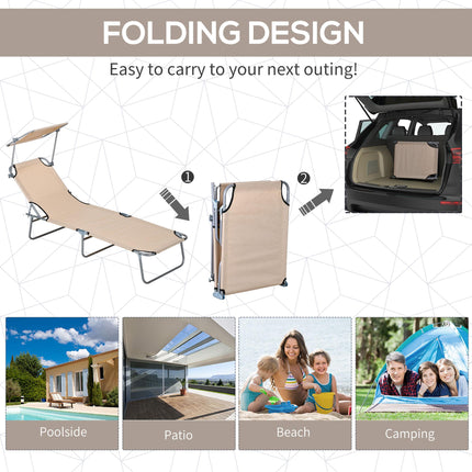 Outdoor Foldable Sun Lounger Set of 2 with 4-Level Adjustable Backrest and Sun Shade Awning - Sand
