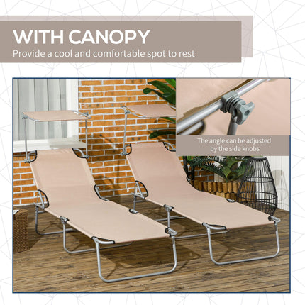 Outdoor Foldable Sun Lounger Set of 2 with 4-Level Adjustable Backrest and Sun Shade Awning - Sand