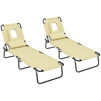 Outdoor Foldable Sun Lounger Set of 2 with 4-Level Adjustable Backrest, Pillow & Reading Hole - Beige