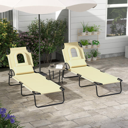 Outdoor Foldable Sun Lounger Set of 2 with 4-Level Adjustable Backrest, Pillow & Reading Hole - Beige