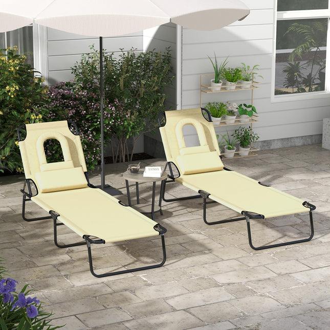 Outdoor Foldable Sun Lounger Set of 2 with 4-Level Adjustable Backrest, Pillow & Reading Hole - Beige