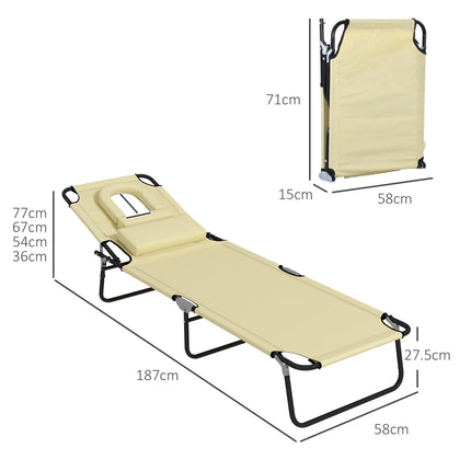Outdoor Foldable Sun Lounger Set of 2 with 4-Level Adjustable Backrest, Pillow & Reading Hole - Beige