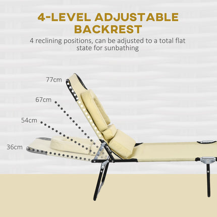 Outdoor Foldable Sun Lounger Set of 2 with 4-Level Adjustable Backrest, Pillow & Reading Hole - Beige