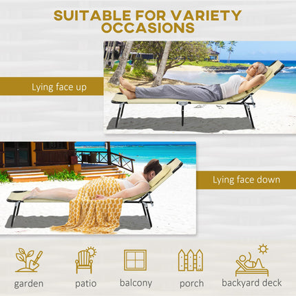 Outdoor Foldable Sun Lounger Set of 2 with 4-Level Adjustable Backrest, Pillow & Reading Hole - Beige