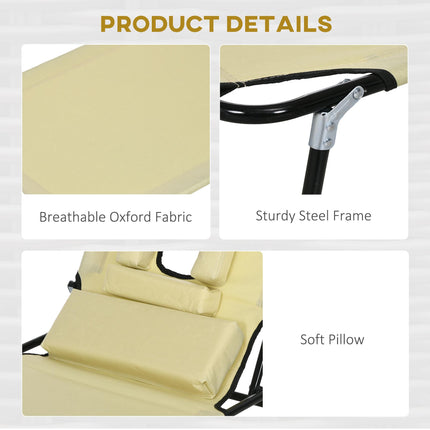 Outdoor Foldable Sun Lounger Set of 2 with 4-Level Adjustable Backrest, Pillow & Reading Hole - Beige