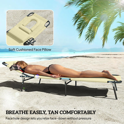 Outdoor Foldable Sun Lounger Set of 2 with 4-Level Adjustable Backrest, Pillow & Reading Hole - Beige