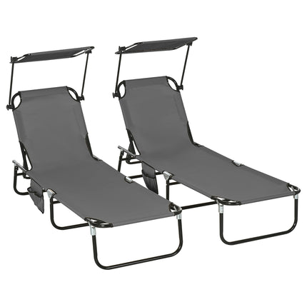 Set of 2 Folding Sun Loungers with Adjustable Backs & Sun Canopies - Grey