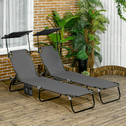 Set of 2 Folding Sun Loungers with Adjustable Backs & Sun Canopies - Grey