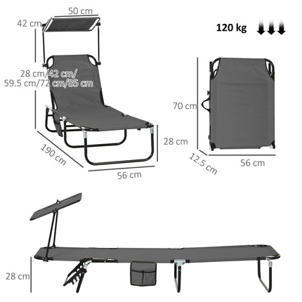 Set of 2 Folding Sun Loungers with Adjustable Backs & Sun Canopies - Grey