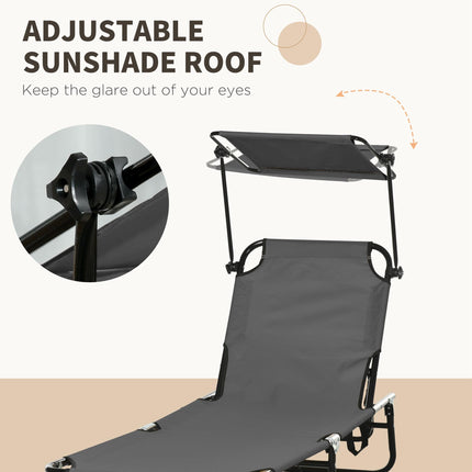 Set of 2 Folding Sun Loungers with Adjustable Backs & Sun Canopies - Grey