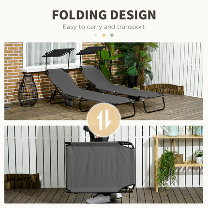 Set of 2 Folding Sun Loungers with Adjustable Backs & Sun Canopies - Grey