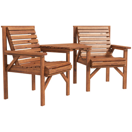 Wooden Garden Love Seat with Coffee Table and Umbrella Hole - Tan Brown