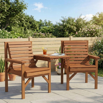 Wooden Garden Love Seat with Coffee Table and Umbrella Hole - Tan Brown