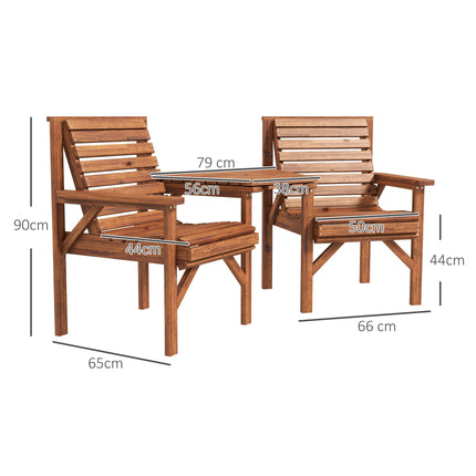 Wooden Garden Love Seat with Coffee Table and Umbrella Hole - Tan Brown