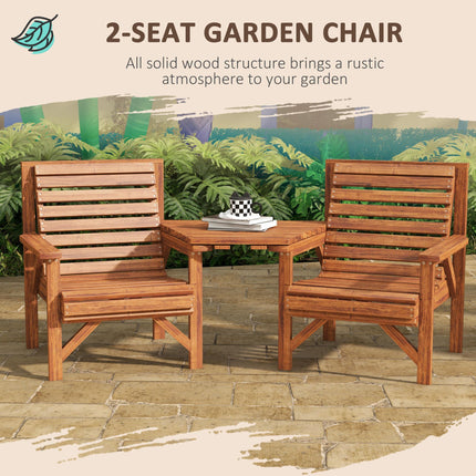 Wooden Garden Love Seat with Coffee Table and Umbrella Hole - Tan Brown