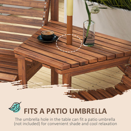 Wooden Garden Love Seat with Coffee Table and Umbrella Hole - Tan Brown
