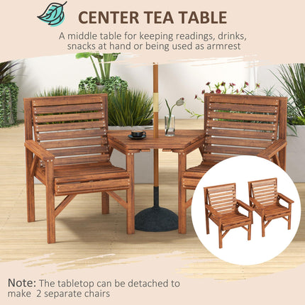 Wooden Garden Love Seat with Coffee Table and Umbrella Hole - Tan Brown
