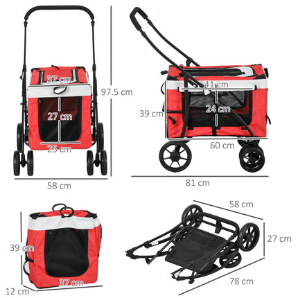 Foldable Dog Stroller with Detachable Carrier for Mini & Small Dogs - Red