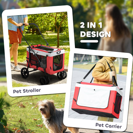 Foldable Dog Stroller with Detachable Carrier for Mini & Small Dogs - Red