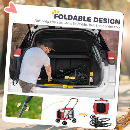 Foldable Dog Stroller with Detachable Carrier for Mini & Small Dogs - Red