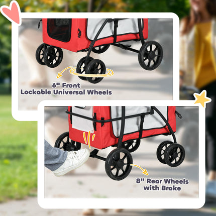 Foldable Dog Stroller with Detachable Carrier for Mini & Small Dogs - Red